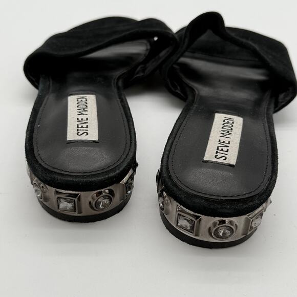 Steve Madden Black Suede Leather Costa Sandal Embellished Heel 8.5 - Picture 5 of 5